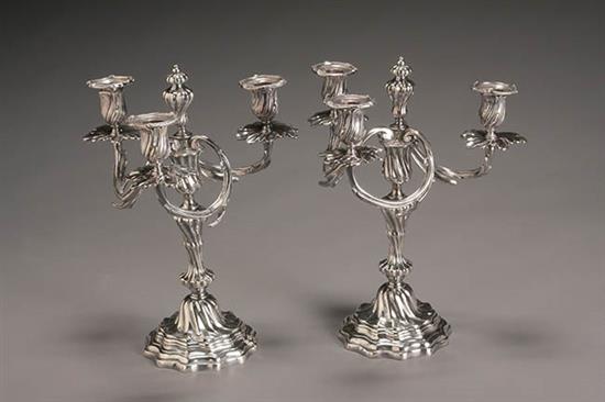 Appraisal: Pair of Louis XV Style Silver Plate Three-Light Candelabra Late