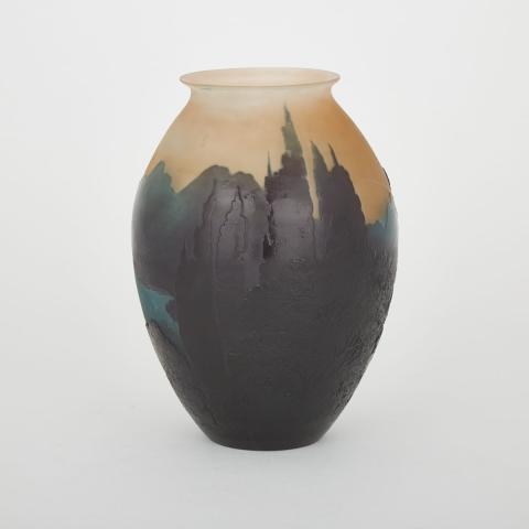 Appraisal: Gall Cameo Glass Landscape Vase c overlaid with blue and