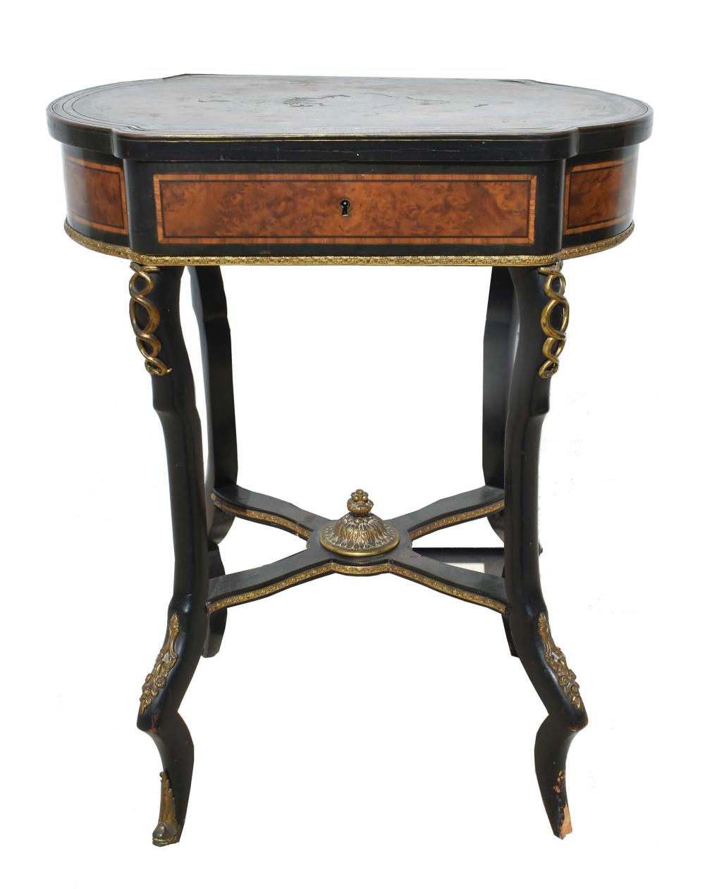 Appraisal: NAPOLEAN III EBONIZED AND VARIED WOOD WORK TABLECirca The top