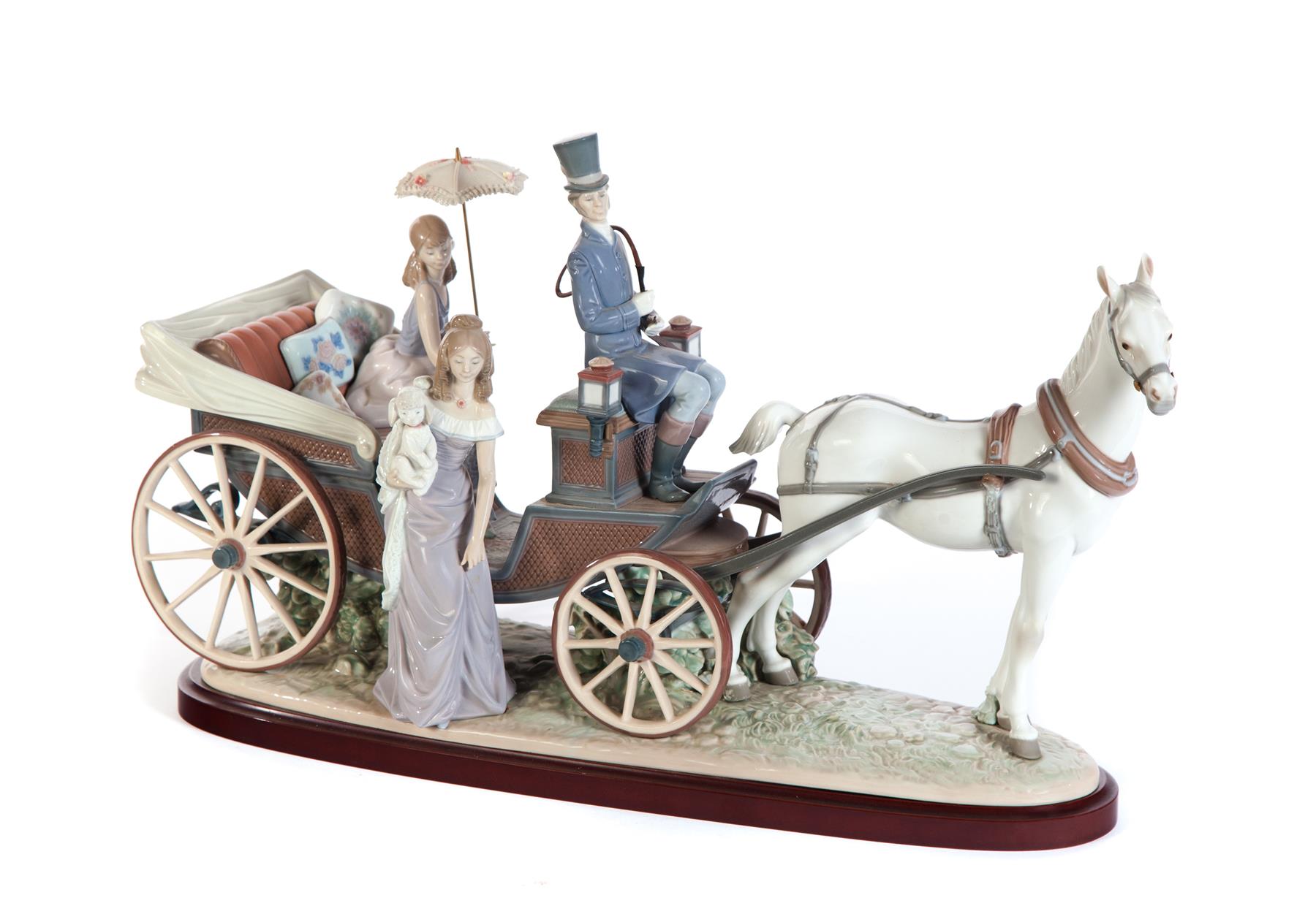 Appraisal: LLADRO FIGURAL GROUP OF HORSE AND CARRIAGE ON WOODEN BASE