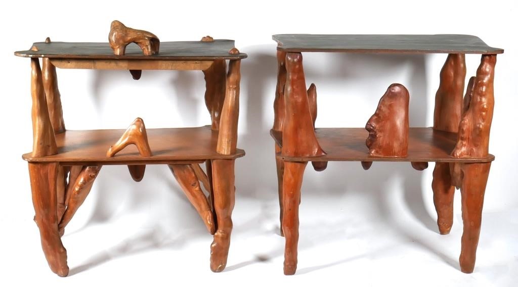 Appraisal: Pair of varnished end tables with Cypress Knee supports Very