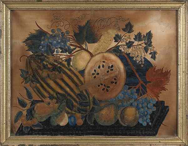 Appraisal: New England oil on velvet theorem th c of fruit