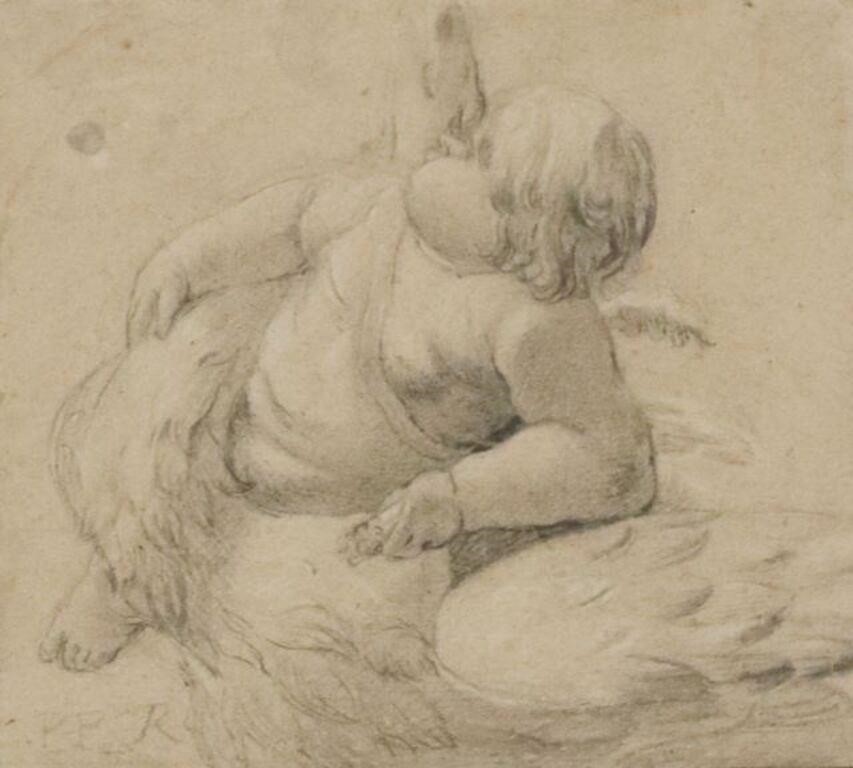 Appraisal: Framed chalk drawing on paper Ganymede Taken by Zeus' Eagle