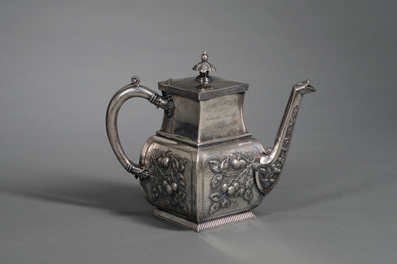 Appraisal: James W Tufts Silver Plated Teapot four-sided with floral decoration