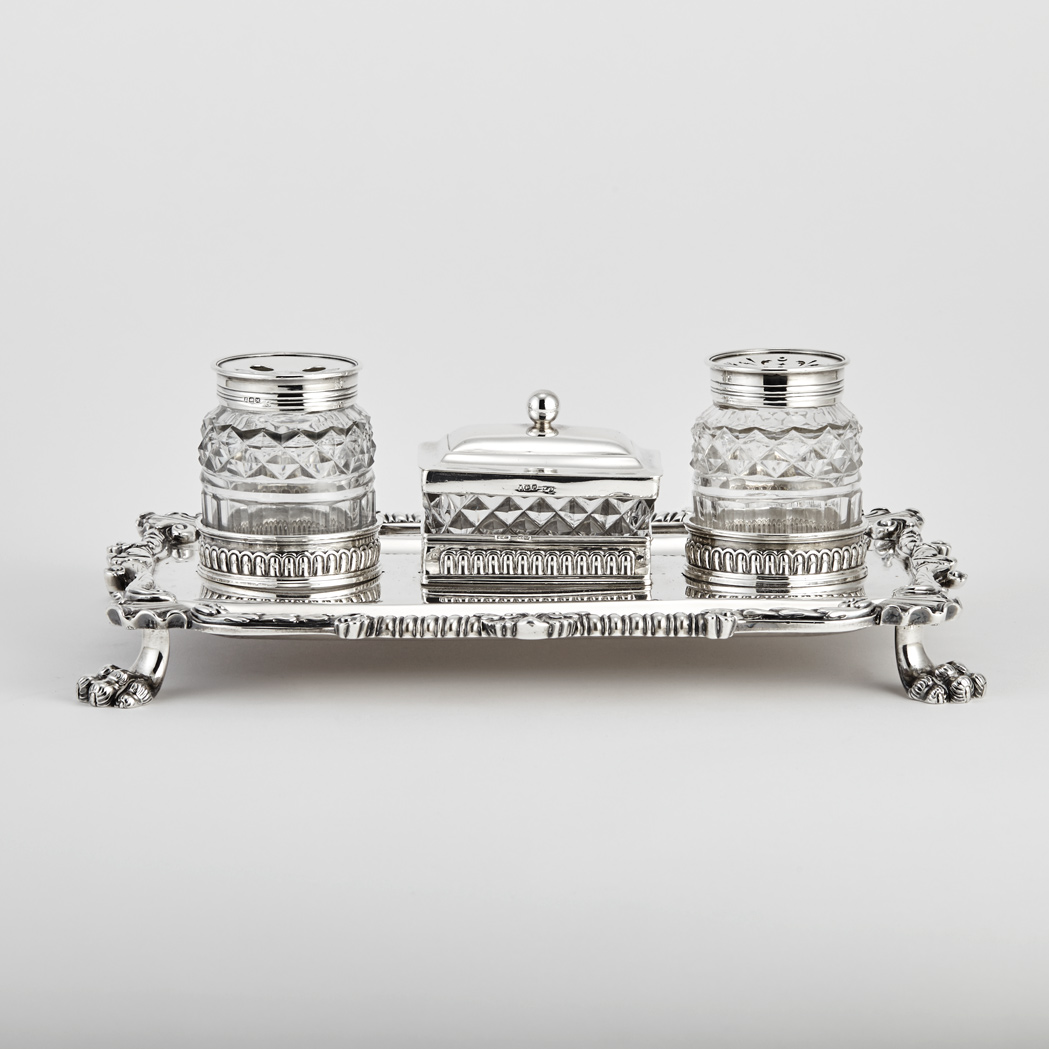 Appraisal: George III Sterling Silver Inkstand John Carter London Of rectangular