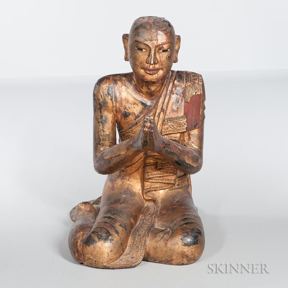 Appraisal: Lacquered and Gilt Wooden Statue of a Monk Lacquered and