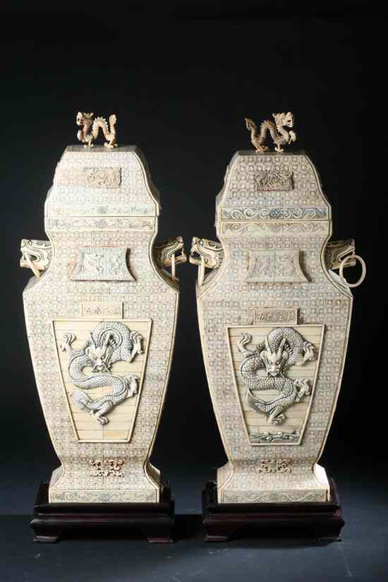 Appraisal: TWO CHINESE IVORY-ON-WOOD DRAGON VASES AND COVERS - in high