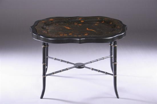 Appraisal: ENGLISH HAND-PAINTED TOLE TRAY-ON-STAND th century Elaborately painted bird and