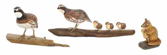 Appraisal: Three American Carved Wood Sculptures comprising a pair depicting quails