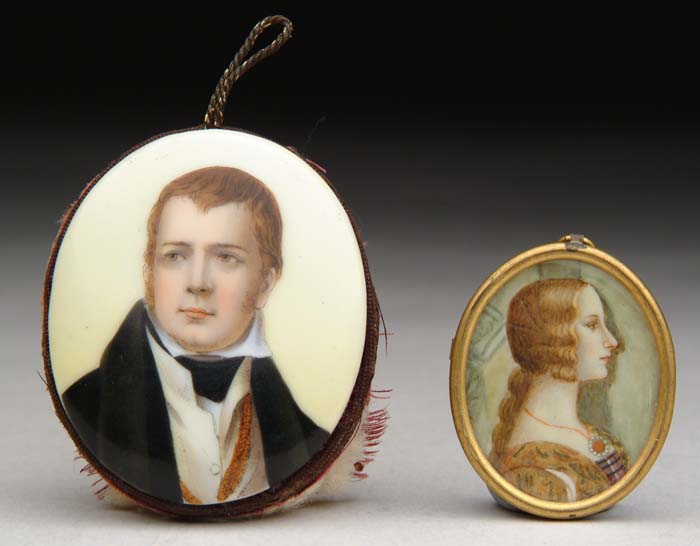 Appraisal: TWO MINIATURE PORTRAITS Unframed portrait of a man on porcelain