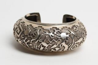 Appraisal: Ben Nighthorse Petroglyph Sterling Silver Cuff Signed on the interior