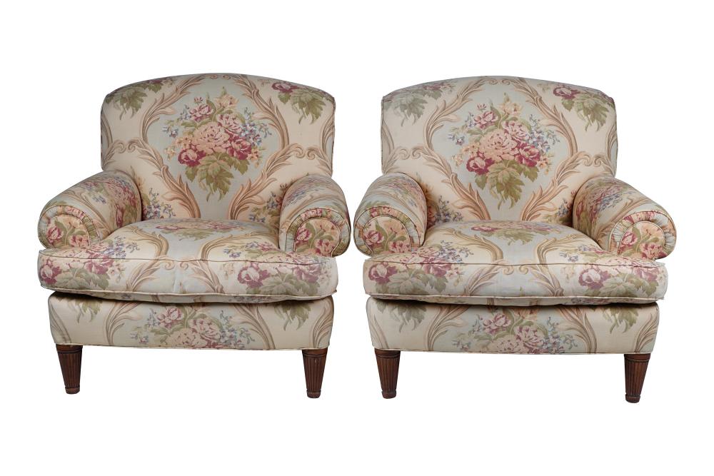 Appraisal: PAIR OF RALPH LAUREN UPHOLSTERED CLUB CHAIRSCondition faded upholstery inches