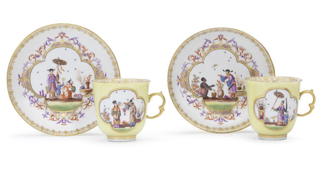 Appraisal: A pair of Meissen yellow-ground cups and saucers th century