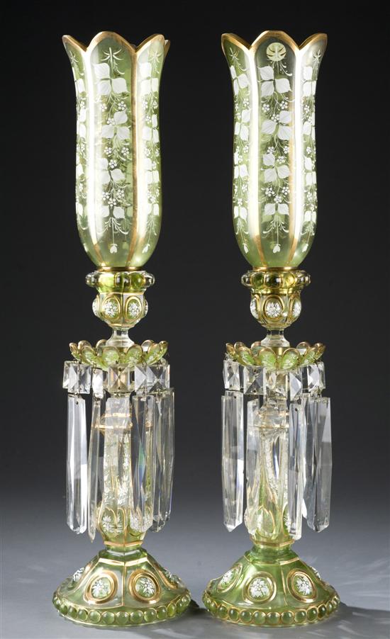 Appraisal: Pair of green glass lusters with piece hangers Hand painted