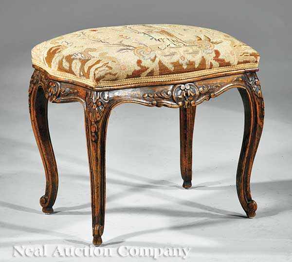 Appraisal: A Good Antique Louis XV-Style Carved Walnut Stool serpentine floral-carved