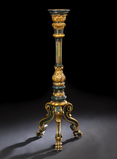 Appraisal: Italian Teal Blue-Painted and Giltwood Torchere late th century in