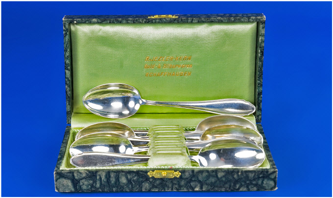 Appraisal: Cased Set Of Silver Spoons Swiss Silver Marks Green Silk