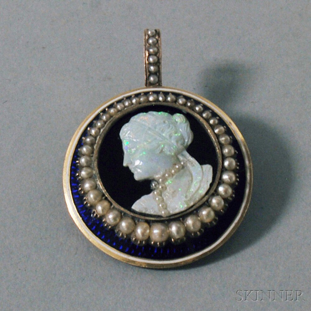 Appraisal: kt Gold Carved Opal Seed Pearl and Enamel Cameo Portrait