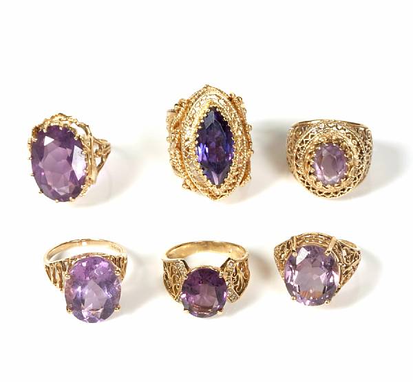 Appraisal: A collection of six amethyst and gold rings grs gross