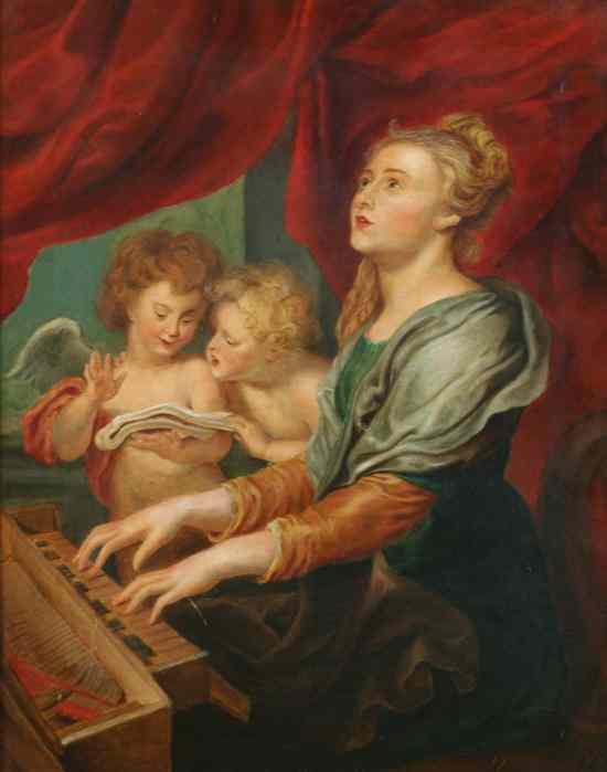 Appraisal: CONTINENTAL SCHOOL th th century CECILIA AT THE PIANO oil