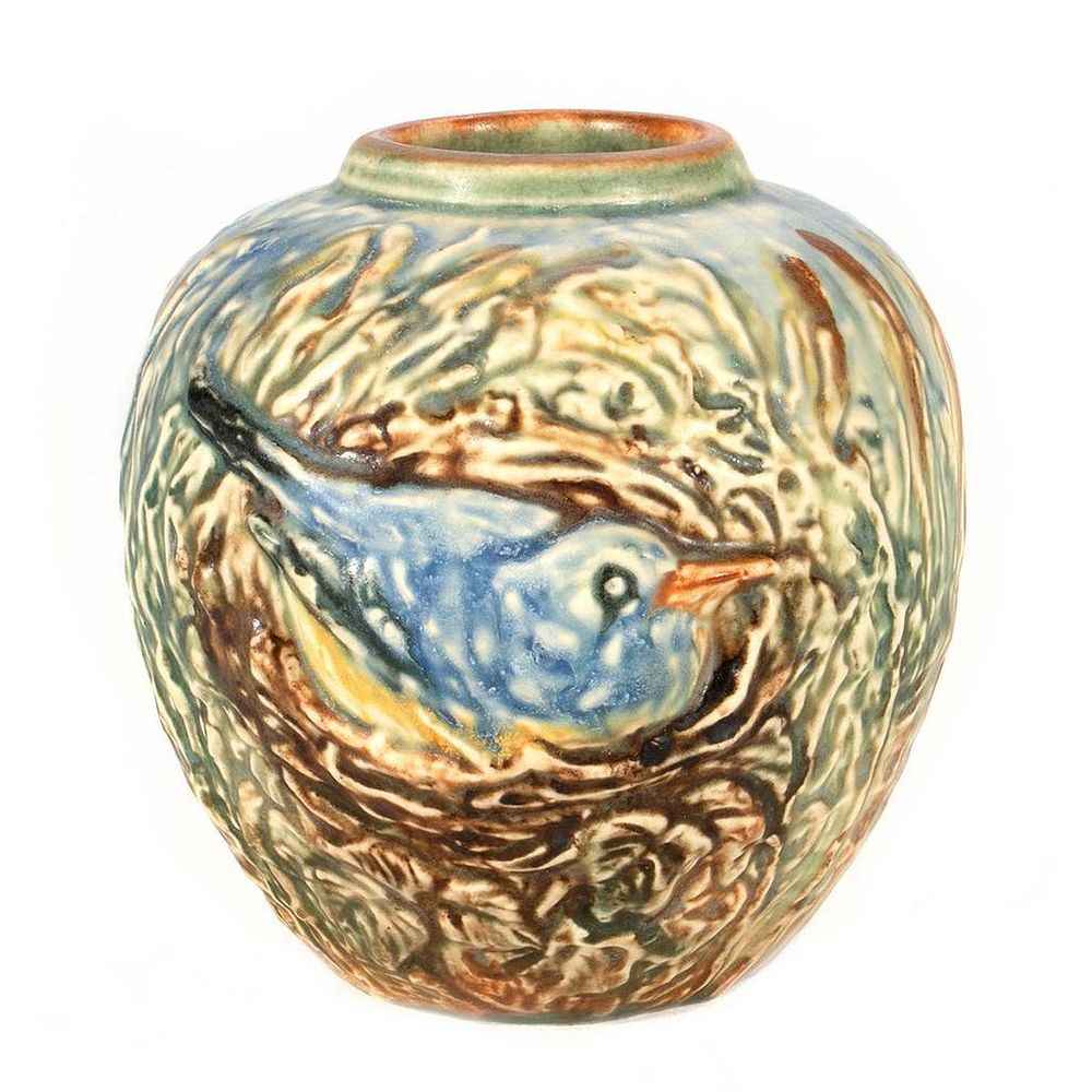 Appraisal: Weller Glendale Vase Bluebird in nest design Unmarked on base