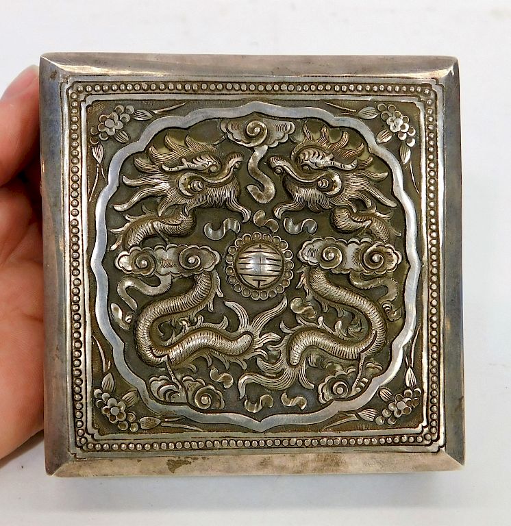 Appraisal: Antiques Signed Chinese Silver Dragon Trinket Box Antiques Signed Chinese