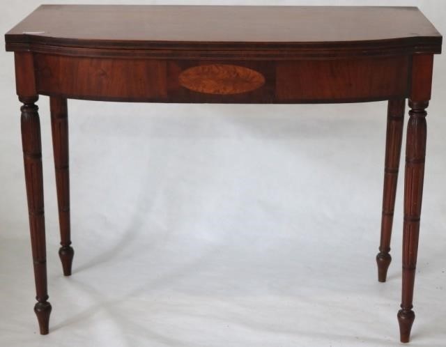 Appraisal: AMERICAN FEDERAL FIGURED CHERRY SWING-LEG CARDTABLE D SHAPED TOP OVAL