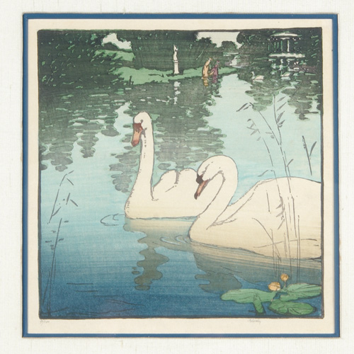 Appraisal: WOODBLOCK PRINT Depicting a pair of swans in a park