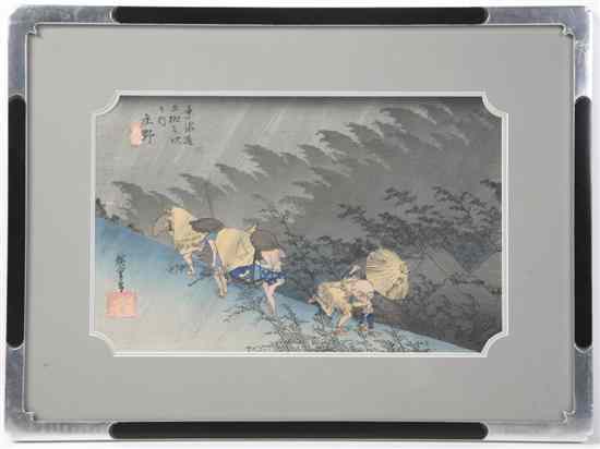 Appraisal: A Japanese Woodblock Print Hiroshige Sudden Rain at Shono depicting