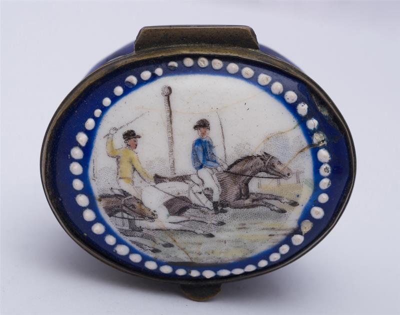 Appraisal: ENGLISH ENAMEL SNUFF BOX PROBABLY STAFFORDSHIRE Blue ground with pearlwork