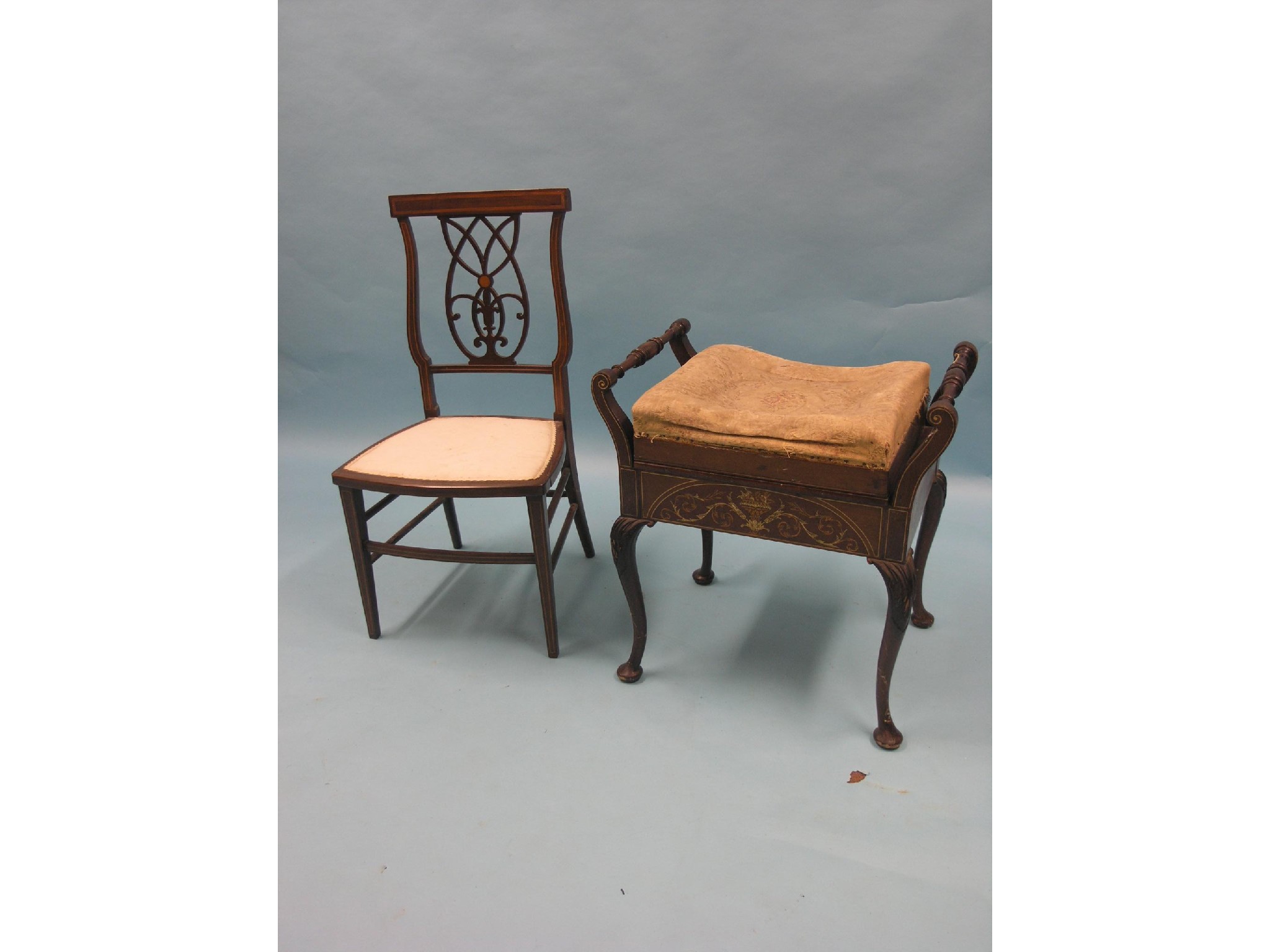 Appraisal: A late Victorian inlaid mahogany piano stool on cabriole legs