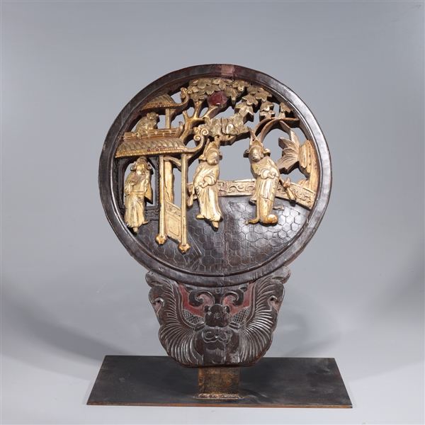 Appraisal: Chinese circular gilt wood architectural element with figures and custom