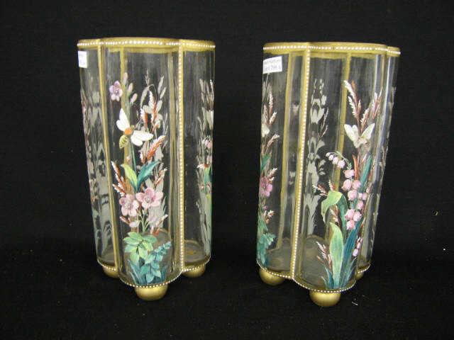 Appraisal: Pair of Moser Art Glass Vases enameled insect floral on