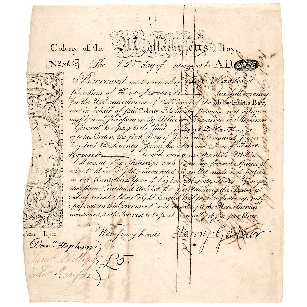 Appraisal: PAUL REVERE Engraved Printed KING PHILIP Mass Loan Certificate Document