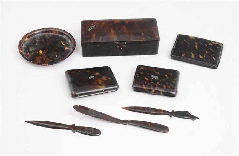 Appraisal: EIGHT TORTOISESHELL ARTICLES Comprising a monogrammed cigarette box three pocket