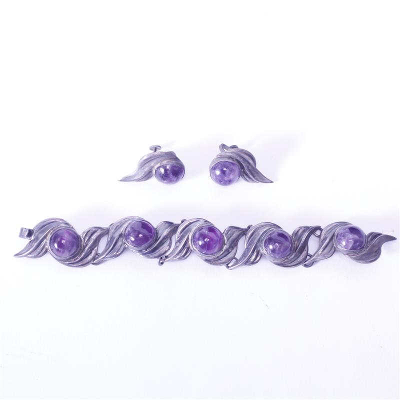 Appraisal: Vintage Mexican Modernist sterling silver and amethyst bracelet and earring