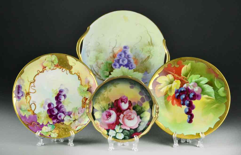 Appraisal: Hand-Painted Porcelain Gilt-trimmed PlatesConsisting of Haviland Limoges Bishopf with grape