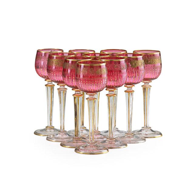 Appraisal: BOHEMIAN LONG STEM WINE GLASSES Set of ten cranberry flash