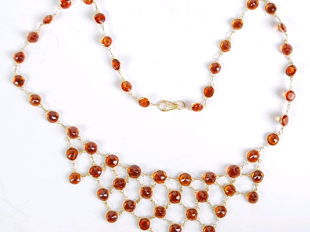 Appraisal: ct GOLD LINK NECKLACE set with numerous brown orange garnets