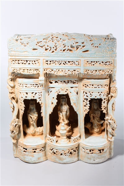 Appraisal: Chinese glazed ceramic shrine with three Guanyin votive niches x