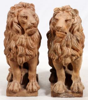 Appraisal: TERRACOTTA SEATED LION GARDEN SCULPTURES PAIR TERRACOTTA SEATED LION GARDEN