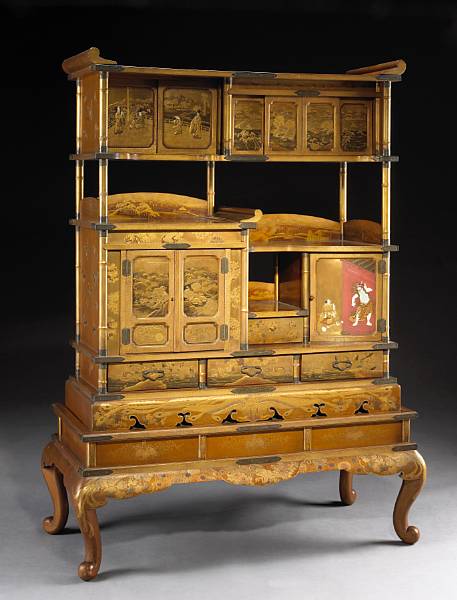 Appraisal: A good gilt lacquered shodana on stand th Century The