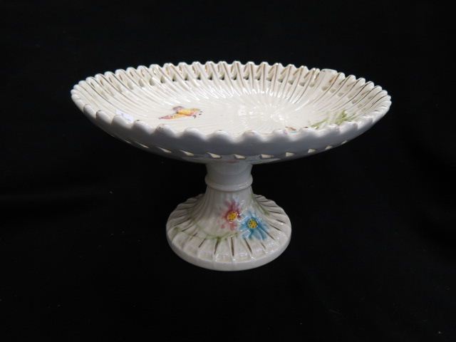 Appraisal: Majolica Pottery Compote butterfly floral reticulated basketweave border diameter '