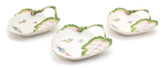 Appraisal: Sale Lot Three Mottahedeh Porcelain Hand-Painted Leaf-Form Plates th century