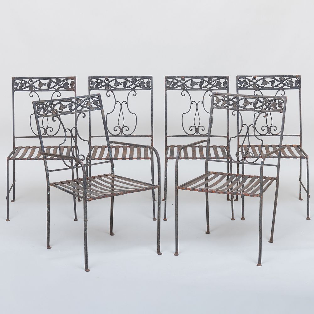 Appraisal: Set of Six Painted Iron Garden Chairs Comprising Two armchairs