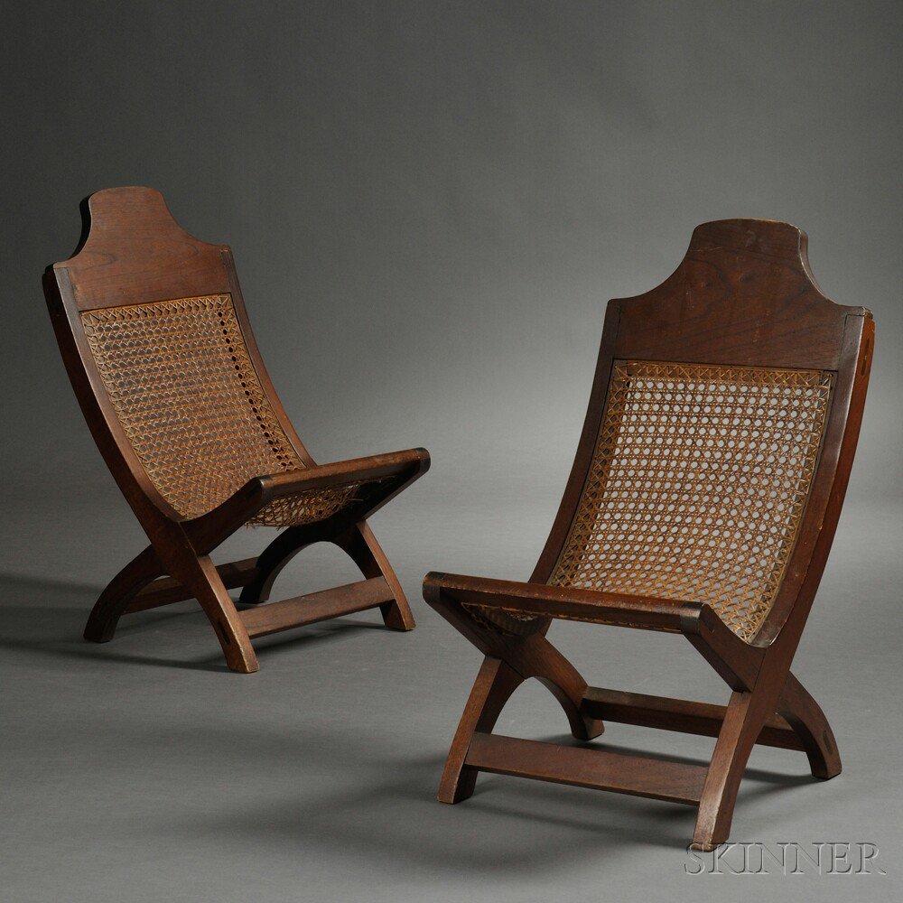 Appraisal: Pair of Hardwood Campeche Chairs with caned seat and curule