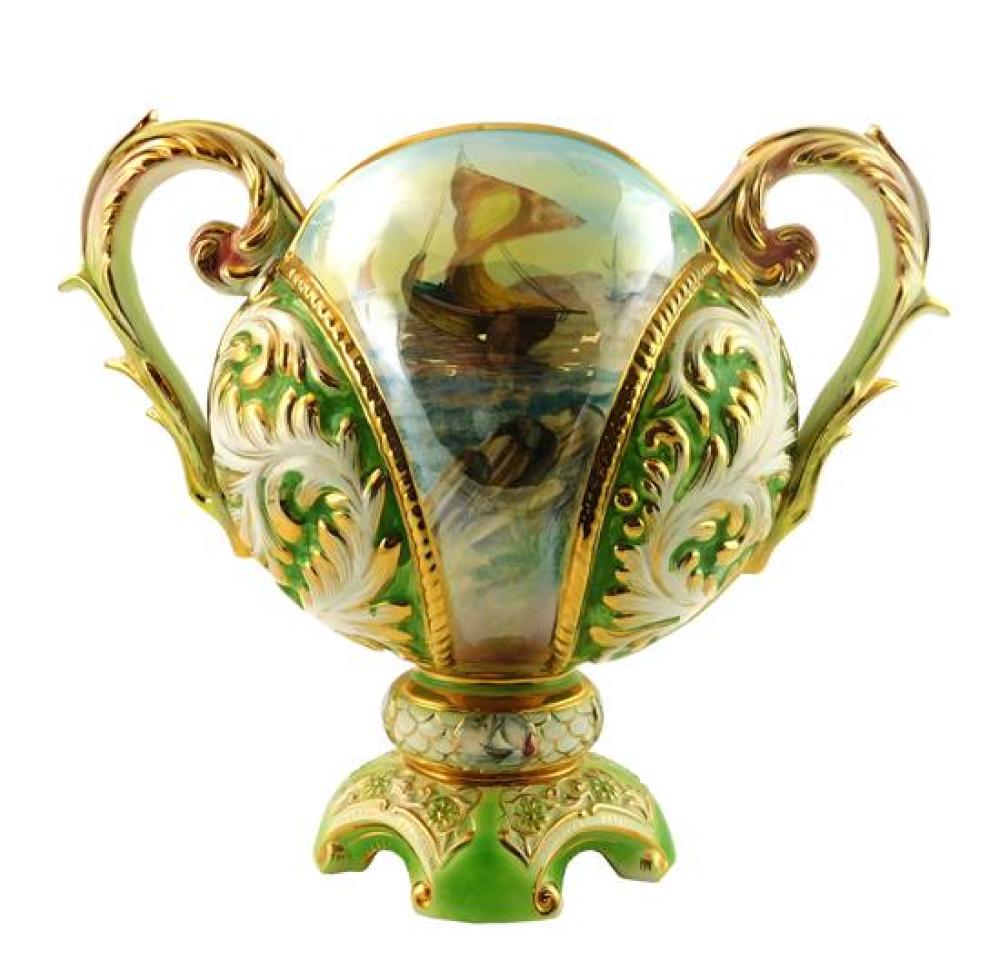 Appraisal: Rococo style majolica vessel with pedestal base ovoid or clam-shell