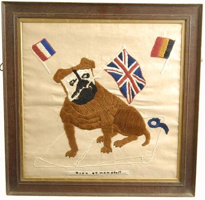 Appraisal: A needlework picture of a bulldog holding a union jack