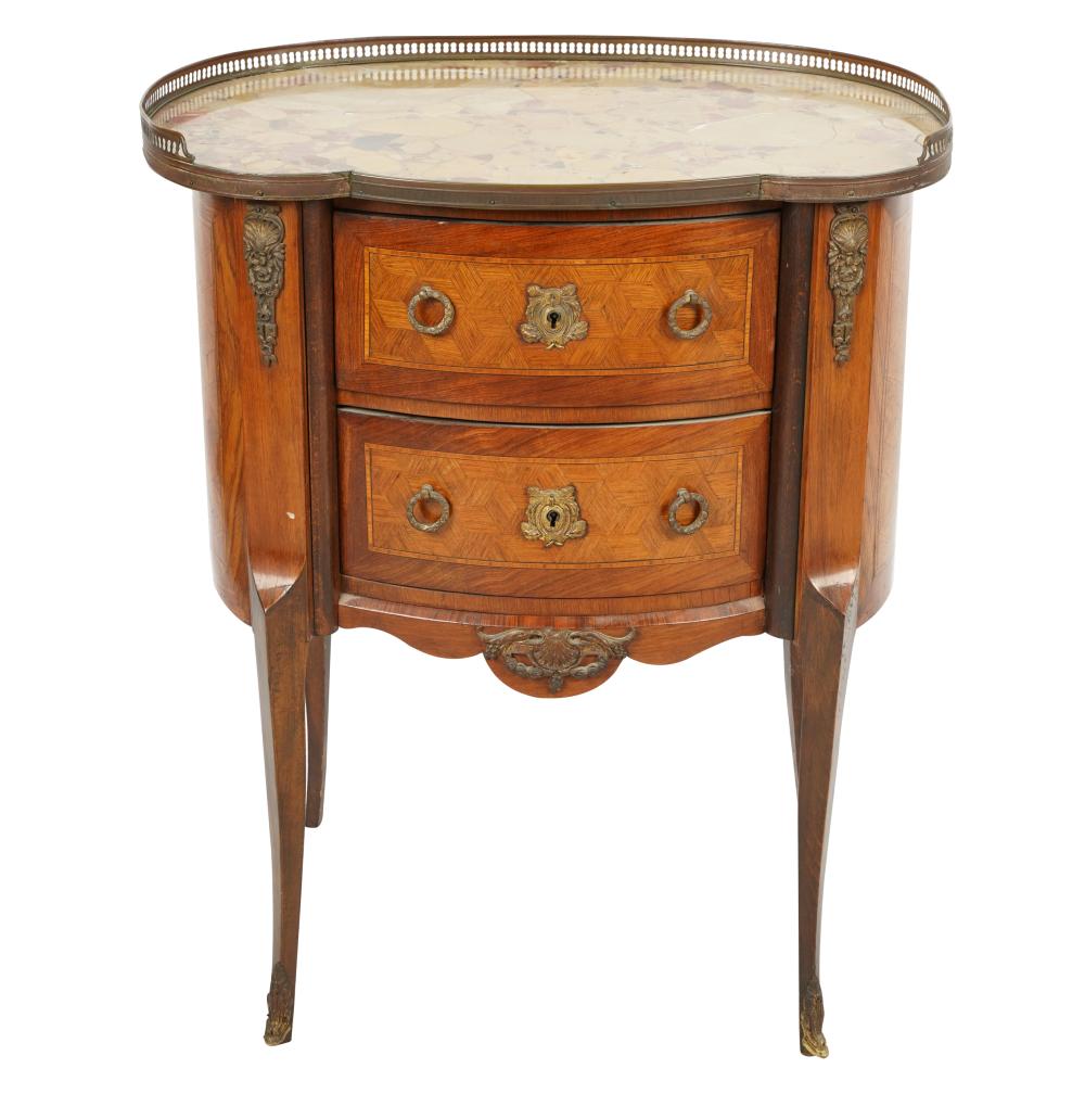 Appraisal: GILT METAL-MOUNTED MARBLE-TOP PETITE COMMODEwith pierced gallery and two drawers