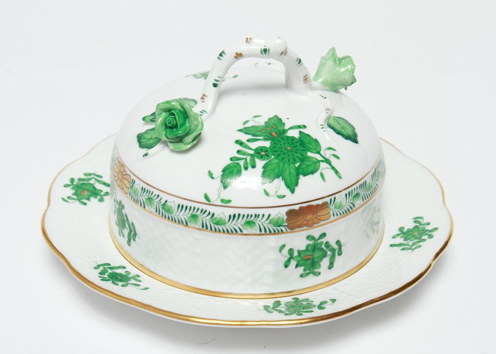 Appraisal: Herend Chinese Bouquet Green Covered Butter Dish Herend Hungary Chinese